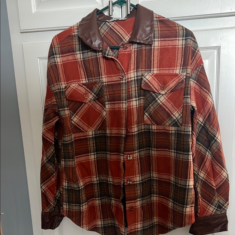Plaid Button-Up Shirt with Leather Accents